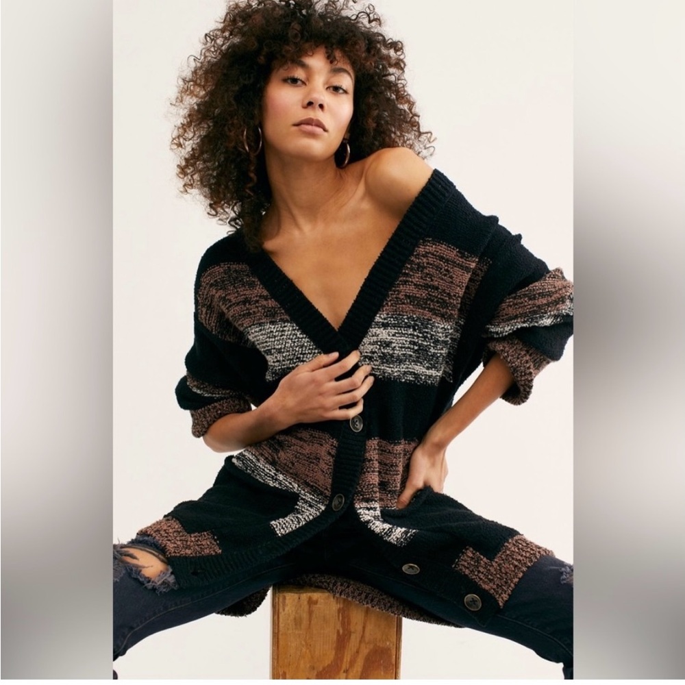 Free People Oversized Striped Button Cardigan in Black and Brown